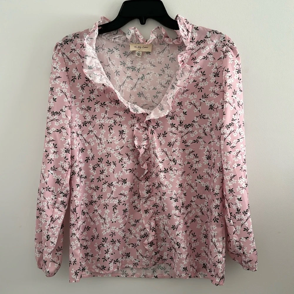 To My Lovers Women’s Top Ruffle Collar Blouse Floral Print Puff Sleeve - Picture 4 of 16